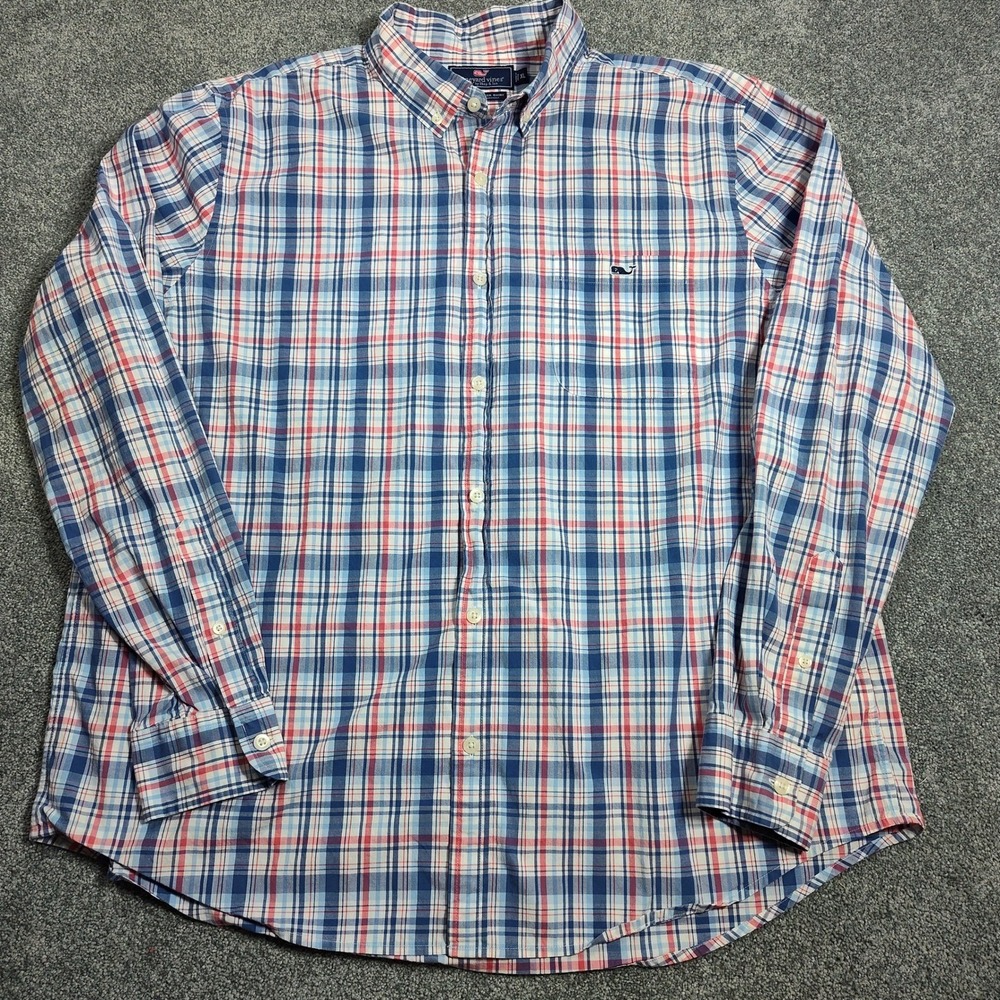 Vineyard Vines Mens XL Slim Fit Plaid Tucker Shirt Blue Long Sleeve Stretch